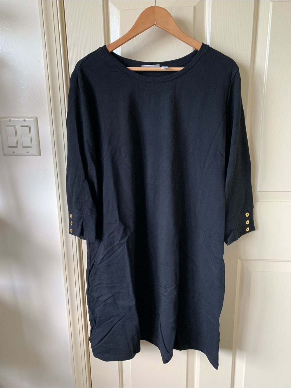 Black Midi Shift Dress with Button Cuff Detail